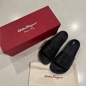 Salvatore Ferragamo Black Leather Slides